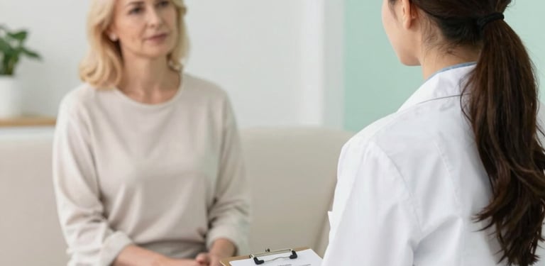 Female doctor in white lab coat listening to a patient during a medical consultation in a bright clinic.