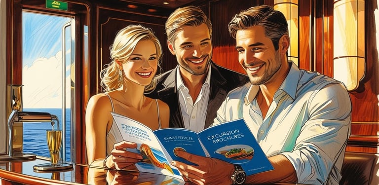 Passageiros decidindo qual excursão reservar no balcão do navio usando o Onboard Credit (OBC).