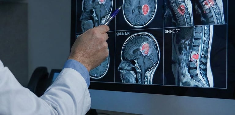 Neurologist reviewing brain MRI and spine CT scans with highlighted abnormal findings on a computer monitor.