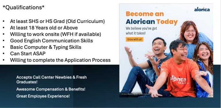 Alorica Centris Eton QC No call Center Experience Required Work From Home Tagalog Dayshift WFH