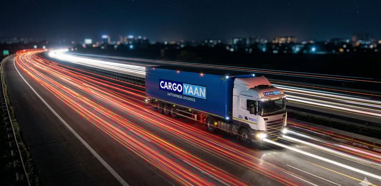 A long-exposure night shot of a CARGOYAAN truck on the move, with light trails symbolizing 24/7 spee