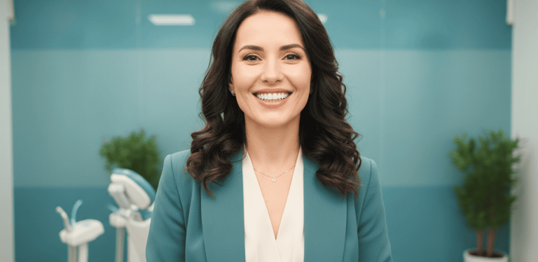 Una mujer sonríe amistosamente a la cámara, vestida con un blazer turquesa y una blusa blanca