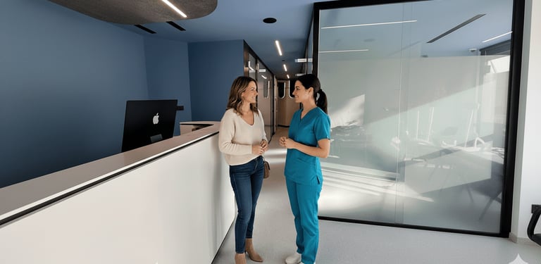 Una paciente y una odontóloga conversando amistosamente en la recepción de una clínica moderna