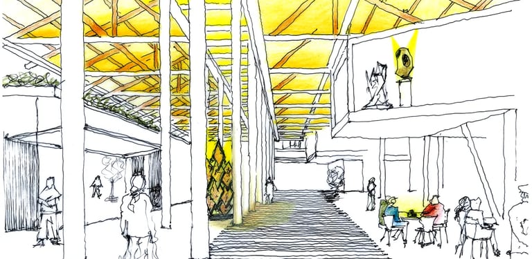 Direct sunlight in a building's interior, architectural sketch.