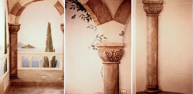 Three detailed images reveal Moorish-style trompe l'oeil elements painted into a showroom of boutique tile store