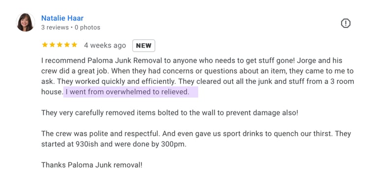 Positive five-star customer review for Paloma Junk Removal service highlighting efficiency and professionalism.