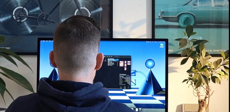 Studio de design graphique et de direction artistique, vue des bureau avec une personne travaillant 