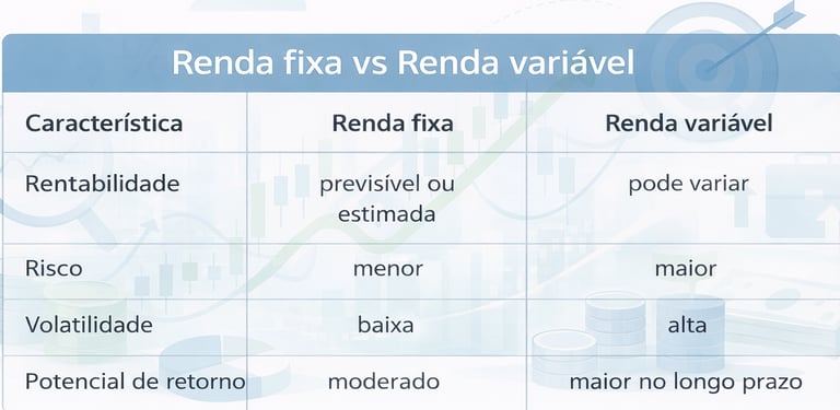 Tabela comparativa entre renda fixa e renda variável detalhando rentabilidade, risco e volatilidade.