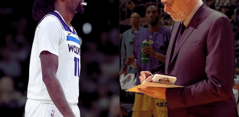 Left: Naz Reid of the T-Wolves during game 5 vs. Spurs (May 12, 2026). Right: Phil Jackson coaching the Lakers (Nov. 9, 2007)