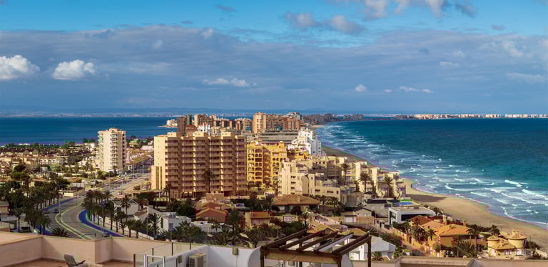 View of La Manga where you can see the Mar Menor on the left and the Mediterranean Sea on the right.