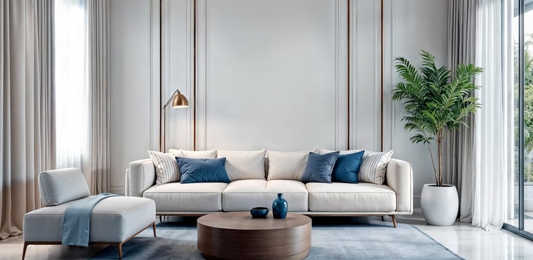 Modern luxury living room with a white sofa, blue pillows, and a round wooden coffee table on a blue rug.
