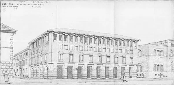 Disegno originale del prospetto di Palazzo CorteVerdi a Cremona (ex Banca d’Italia) firmato da Luigi Vagnetti, 1950.