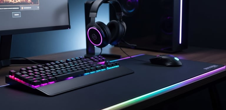 Cena realista de um setup gamer moderno e organizado, com teclado gamer, mouse gamer, mousepad grand