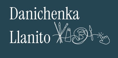 Danichenka Llanito brand logo featuring white serif text and line art art supplies on a dark blue background.