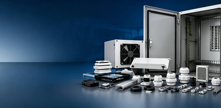 Industrial electrical enclosures and climate control accessories including fans and cable glands.