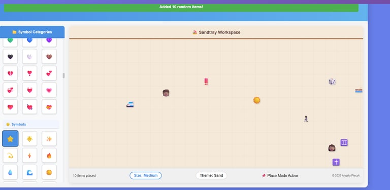 Virtual 2-player sandtray therapy tool showing collaborative workspace with therapeutic symbols for 