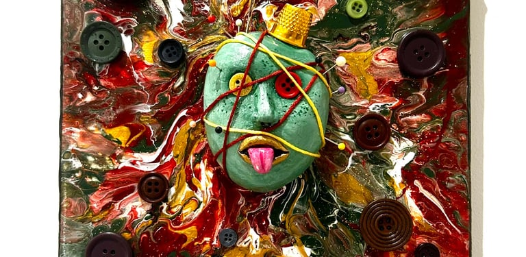 a painting of a face with buttons and buttons