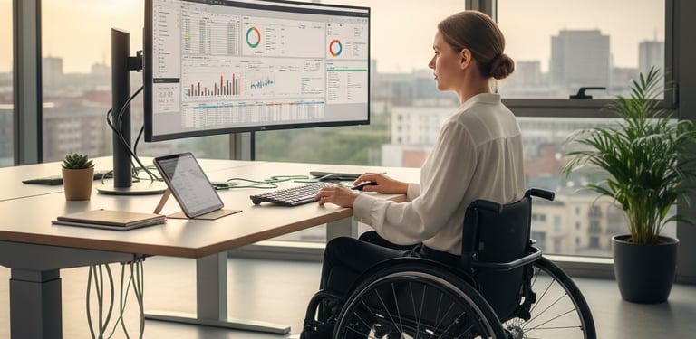 Mitarbeiterin im Rollstuhl arbeitet am PC, ermöglicht durch den Fahrdienst von Ben Fahrdienst.