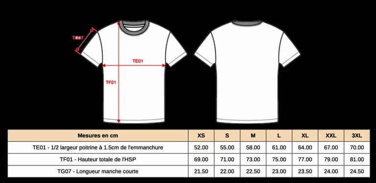T-shirt size chart with technical measurements in centimeters for sizes XS to 3XL.