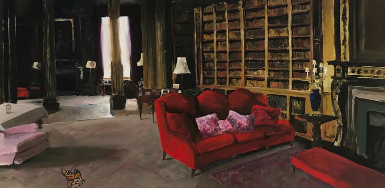 a painting of a red couch in a room with library and butterflies