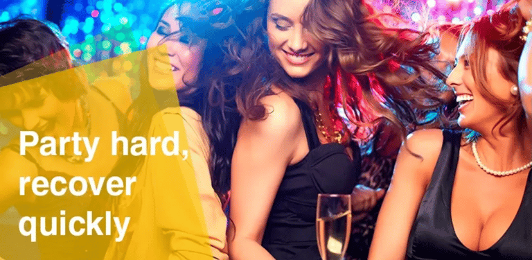 ladies dancing at a party, text 'party hard, recover quickly'