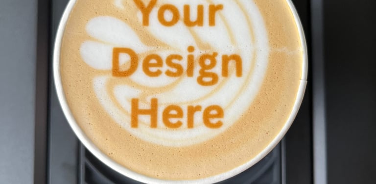 A latte with "your design here" on top of the latte art