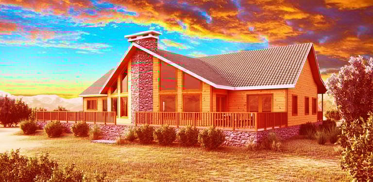 a house with a large porch and a large stone wall