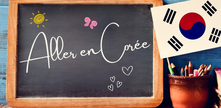 Tableau noir posé sur une table en bois avec l’inscription manuscrite  Aller en Corée