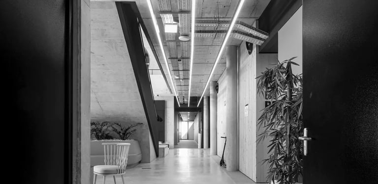 Modern office corridor representing strategic growth for technical B2B companies.