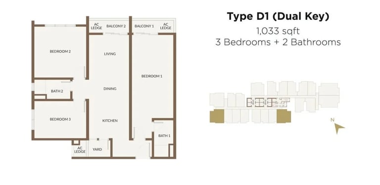 1033 square feet flexible dual key 3 bedroom 2 balcony floor plan with 400m covered walkway to RTS Bukit Chagar
