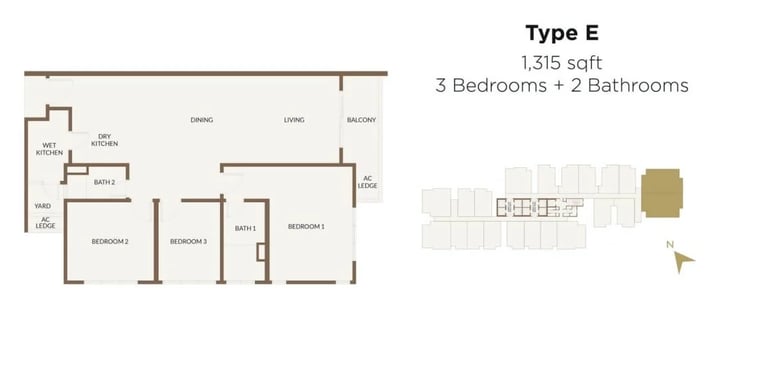 1315 square feet premium dual key 3 bedroom floor plan with 400m covered walkway to RTS Bukit Chagar