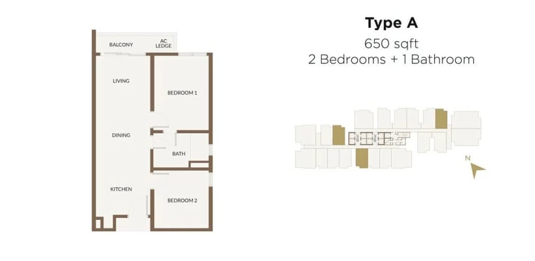 650 square feet 2 bedroom 1 bathroom floor plan with 400m covered walkway to RTS Bukit Chagar station