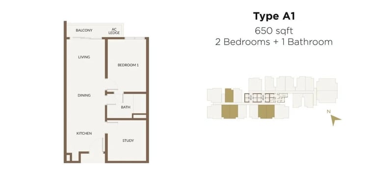650 square feet affordable 2 bedroom 1 bathroom floor plan with 400m covered walkway to RTS Bukit Chagar