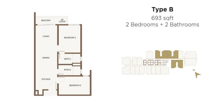 693 square feet 2 bedroom 2 bathroom floor plan with 400m covered walkway to RTS Bukit Chagar station