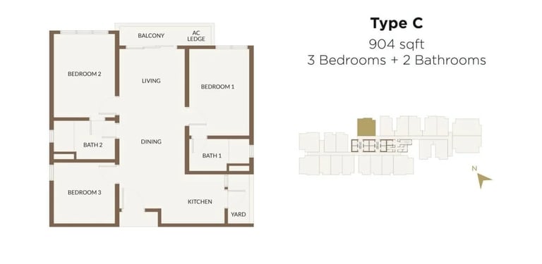 904 square feet 3 bedroom 2 bathroom family floor plan with 400m covered walkway to RTS Bukit Chagar
