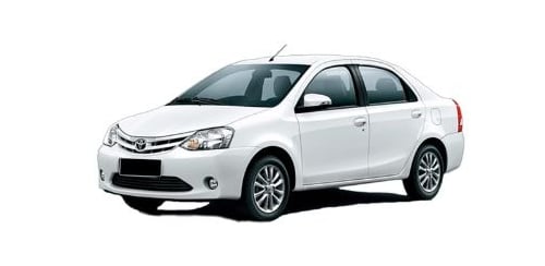 a white Toyota Etios car parked on a white background