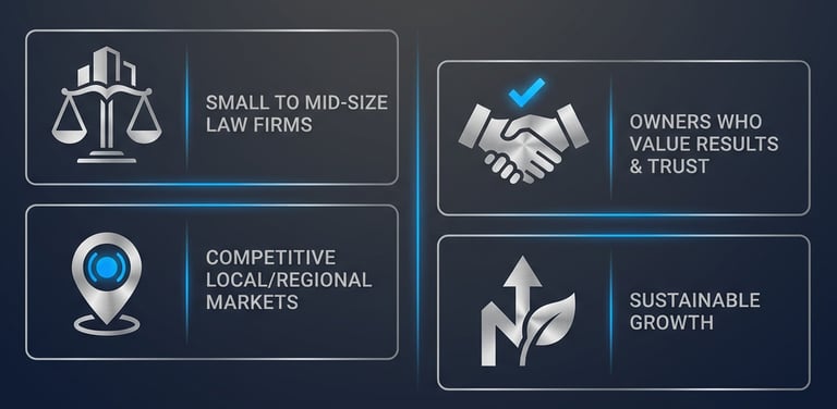 Four icons: small/mid law firms, competitive markets, results-focused owners, sustainable growth.