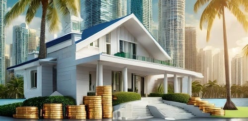 a house with stacks of coins and stacks of coins