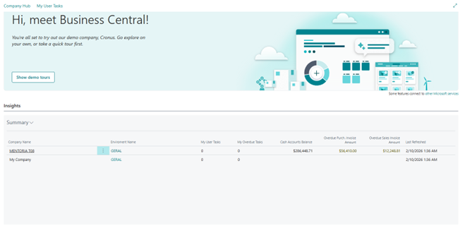 Microsoft Dynamics 365 Business Central dashboard showing financial insights and company summaries.