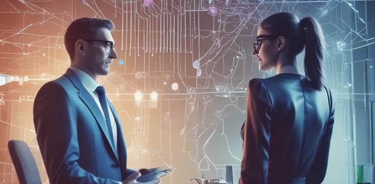 A business team collaborating over data charts on a laptop in a modern office.