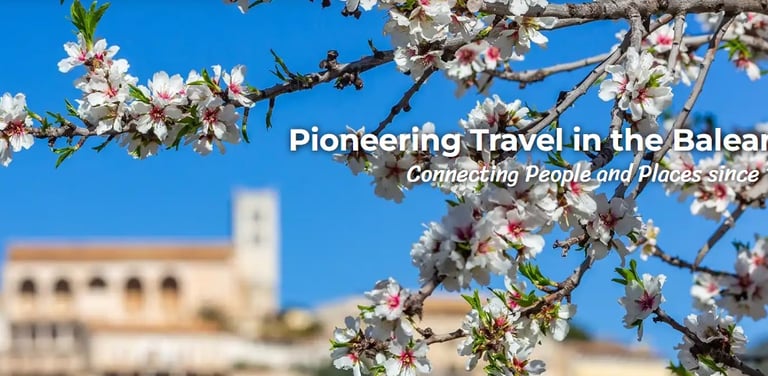 árbol en flor en priemr plano con pueblo mallorquín detrás