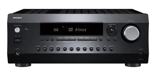 Integra DRX-2.4 black home theater receiver featuring Dolby Atmos support and front panel control knobs.