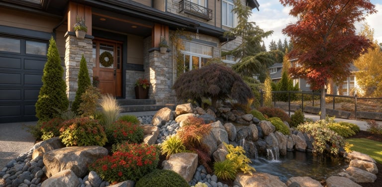 a house with a rock garden and bushes, and waterfall in the front