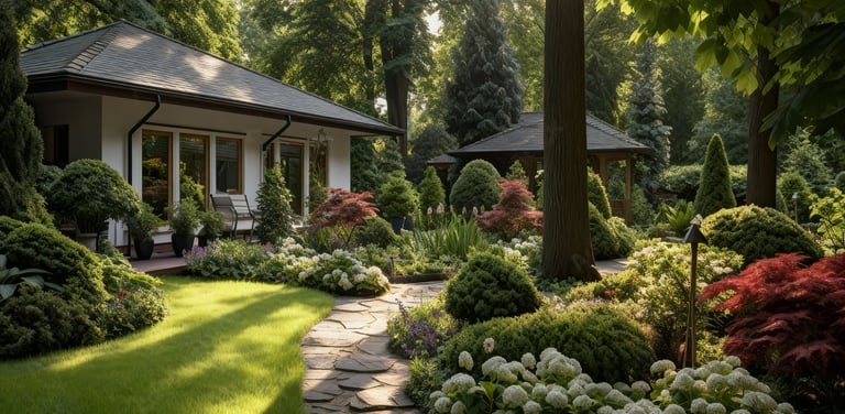 a house with a stone path leading to a flower garden