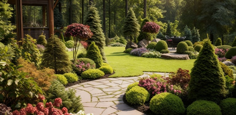 a garden with a gazebo, walkway, and planting beds