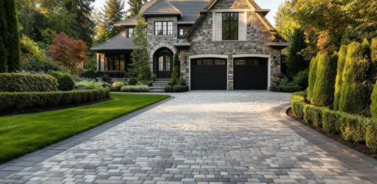a driveway with light and dark pavers, and a dark border all around
