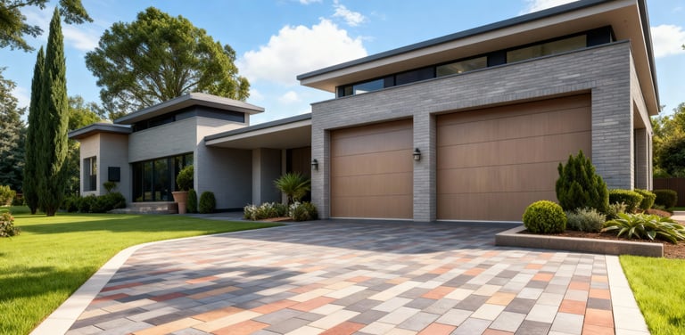 a house with a multi-color driveway