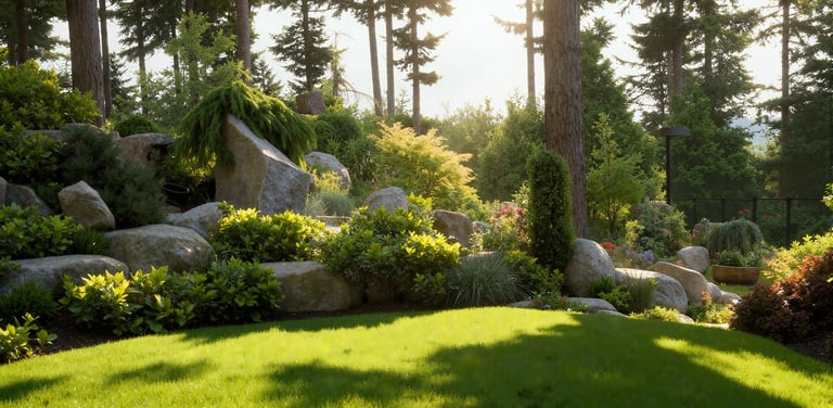 a hill garden with large stones, bushes, lawn, and trees