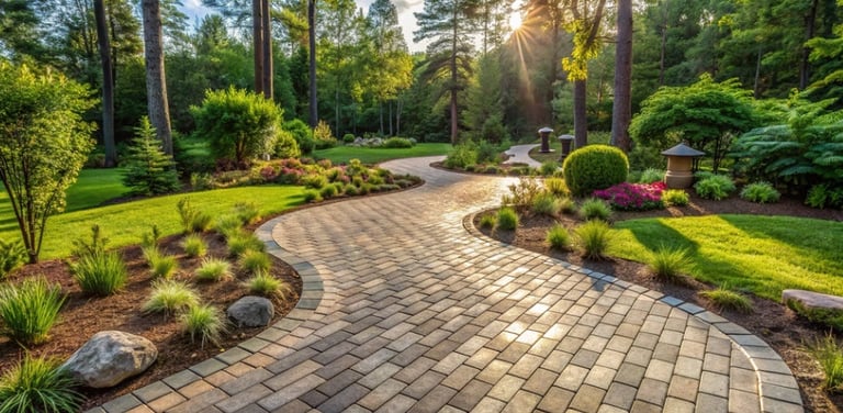 a winding paver walkway with flower beds, lawn, and trees lining the sides