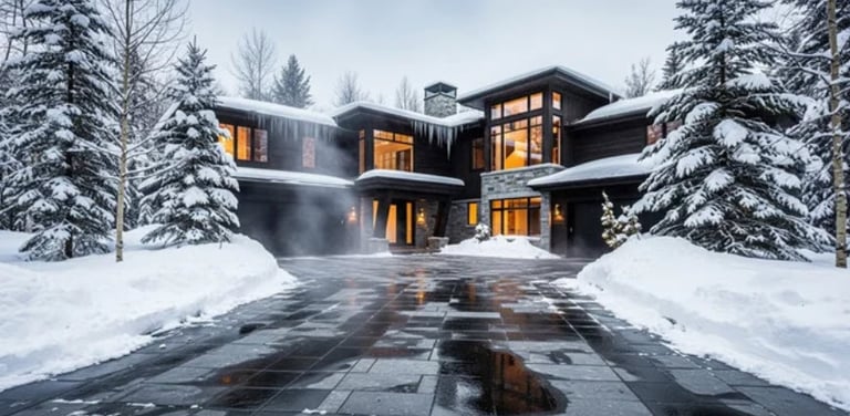 A driveway of a modern home that has the driveway cleared of snow after a storm.